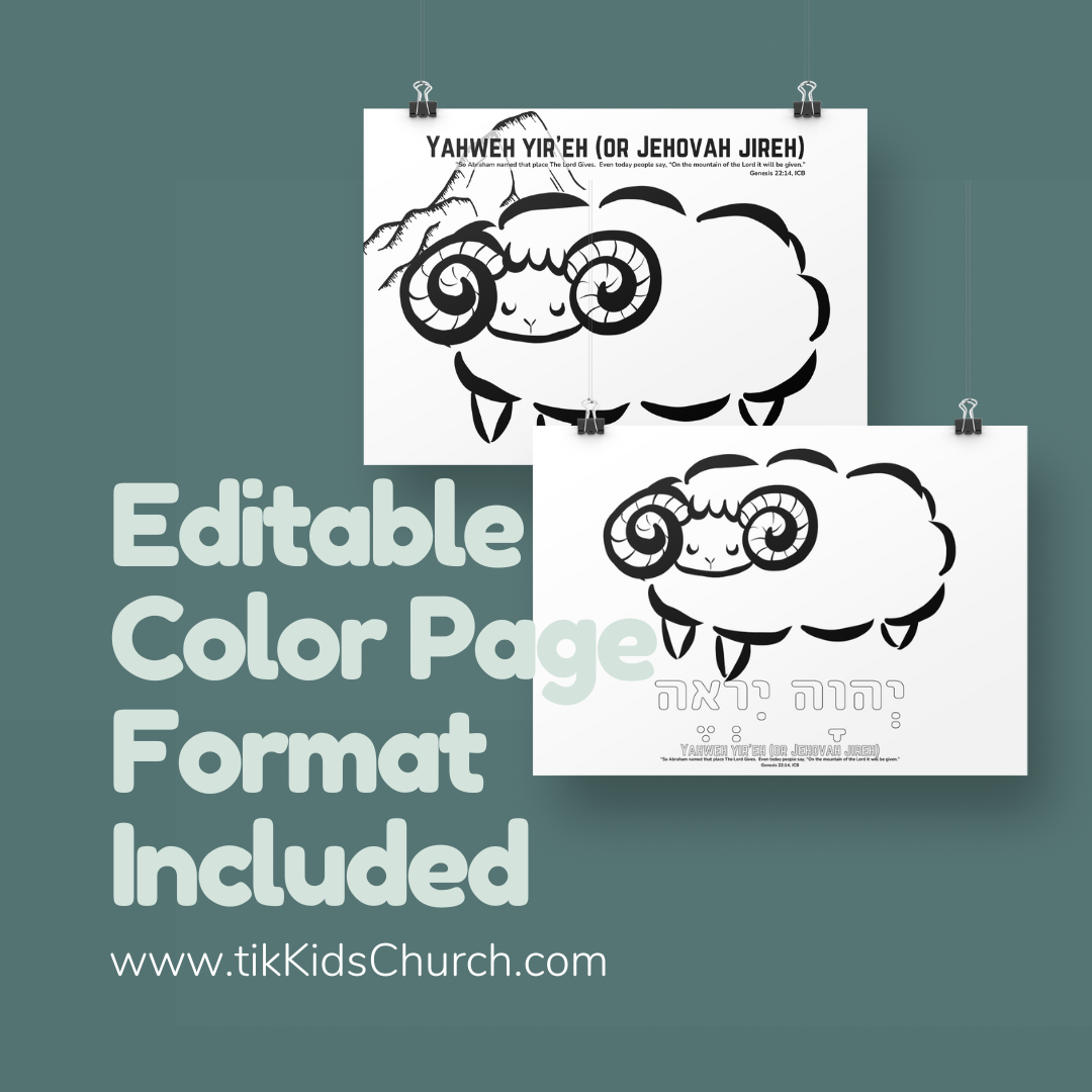 Two coloring pages with a cartoon sheep and text, on a green background with text about editable color format.