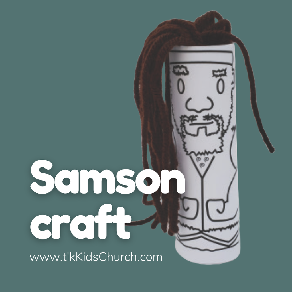 Craft project of Samson with brown hair on a green background, featuring the text 'Samson craft' and 'www.tikKidsChurch.com'.