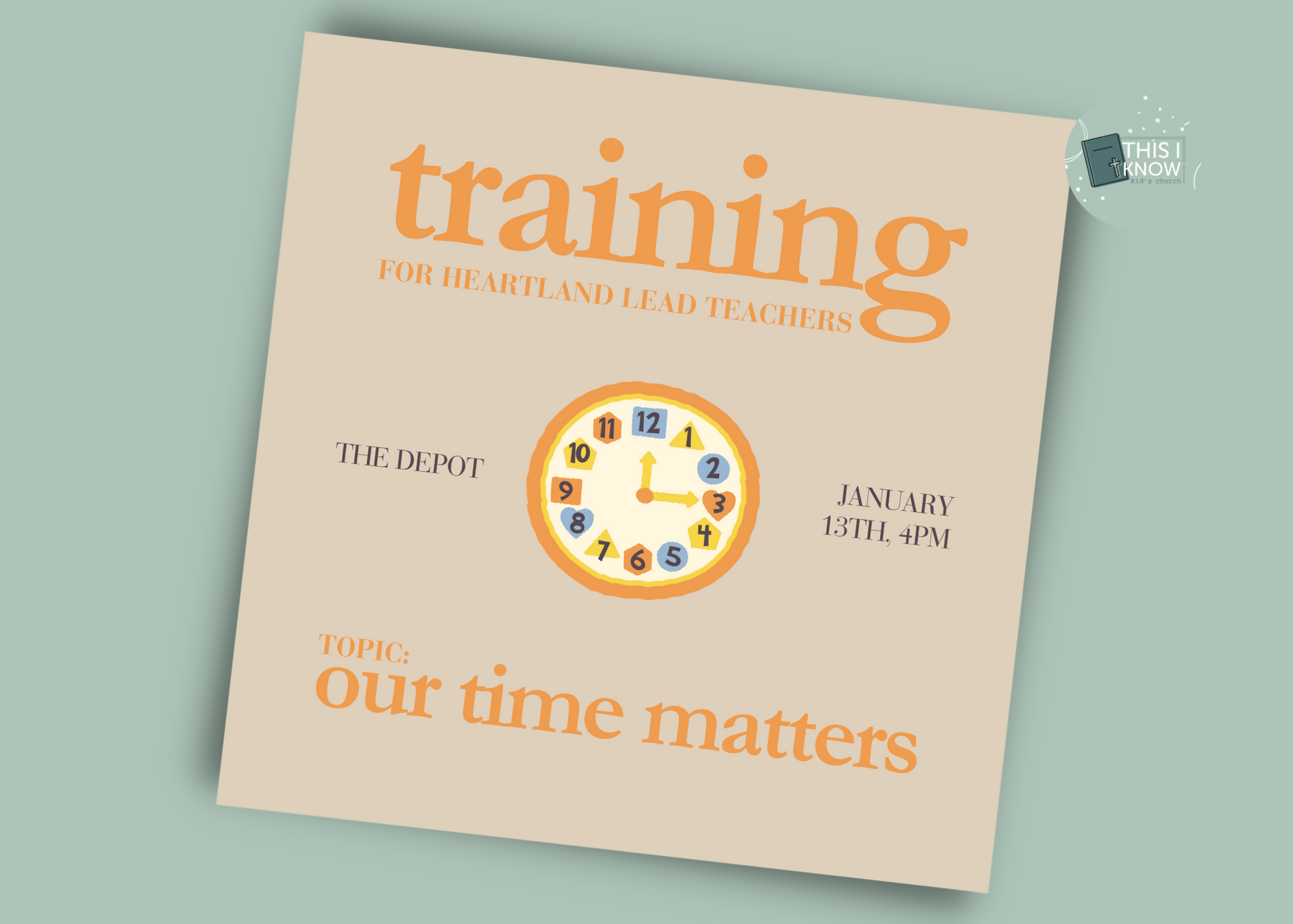 Promotional flyer for a training event on time management with a clock graphic and text.