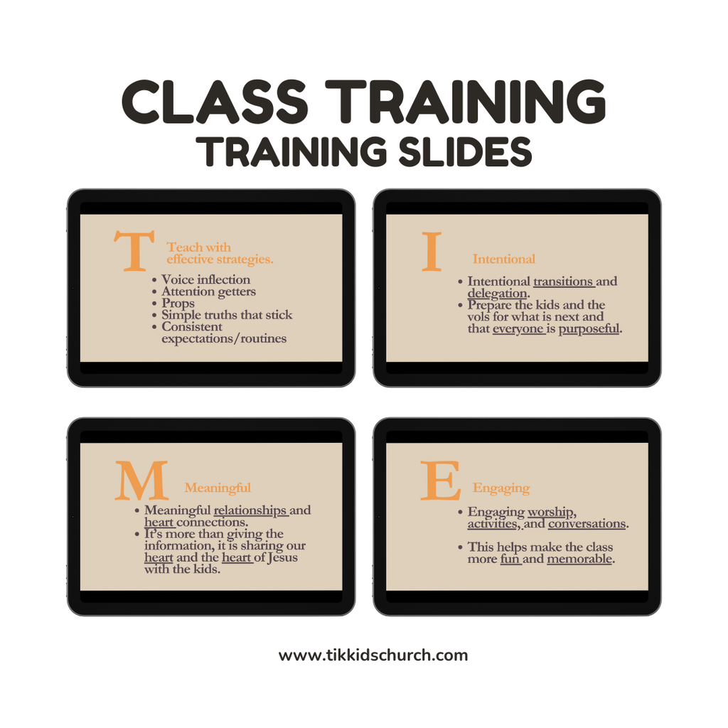 Class training slides with key points on a beige background