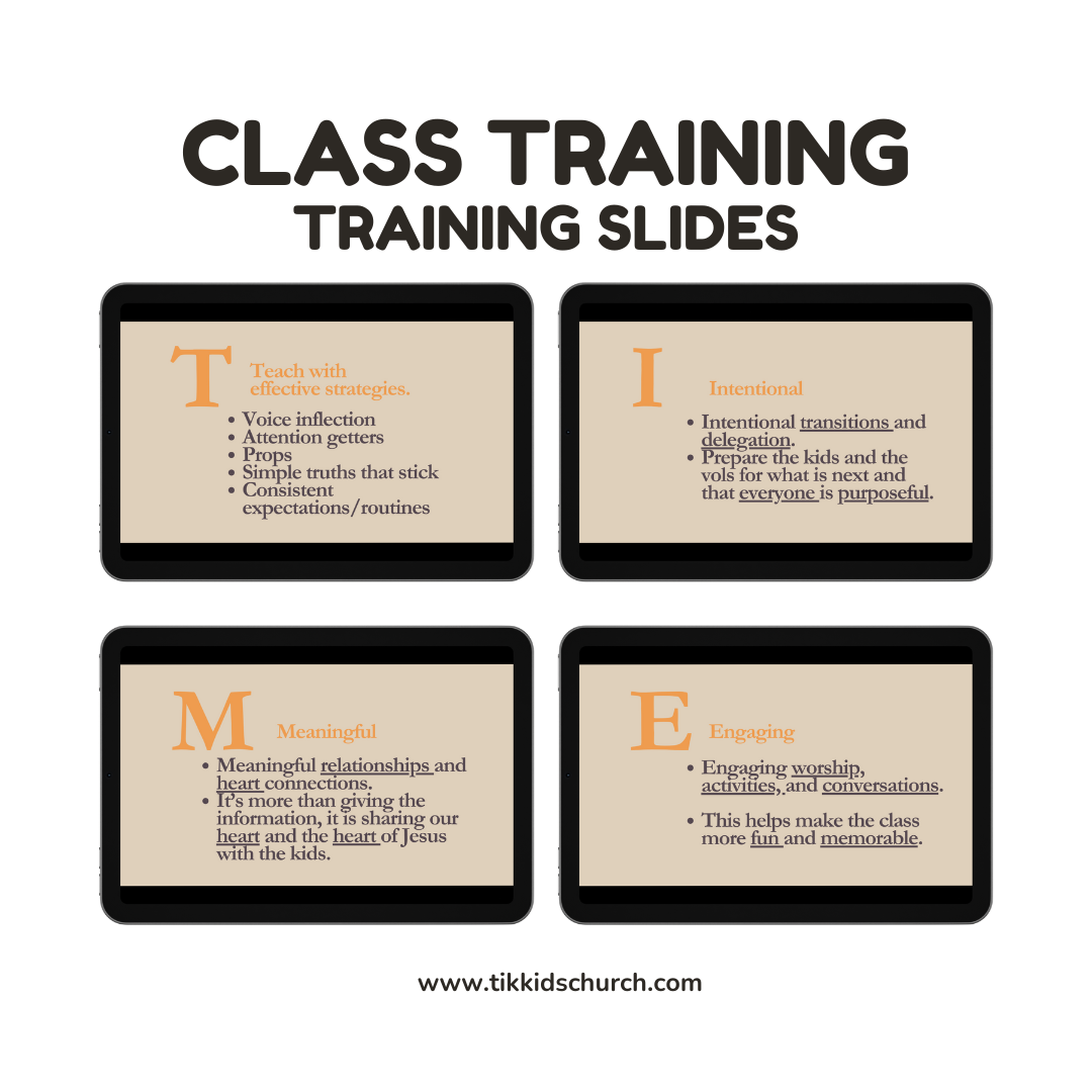 Class training slides with key points on a beige background