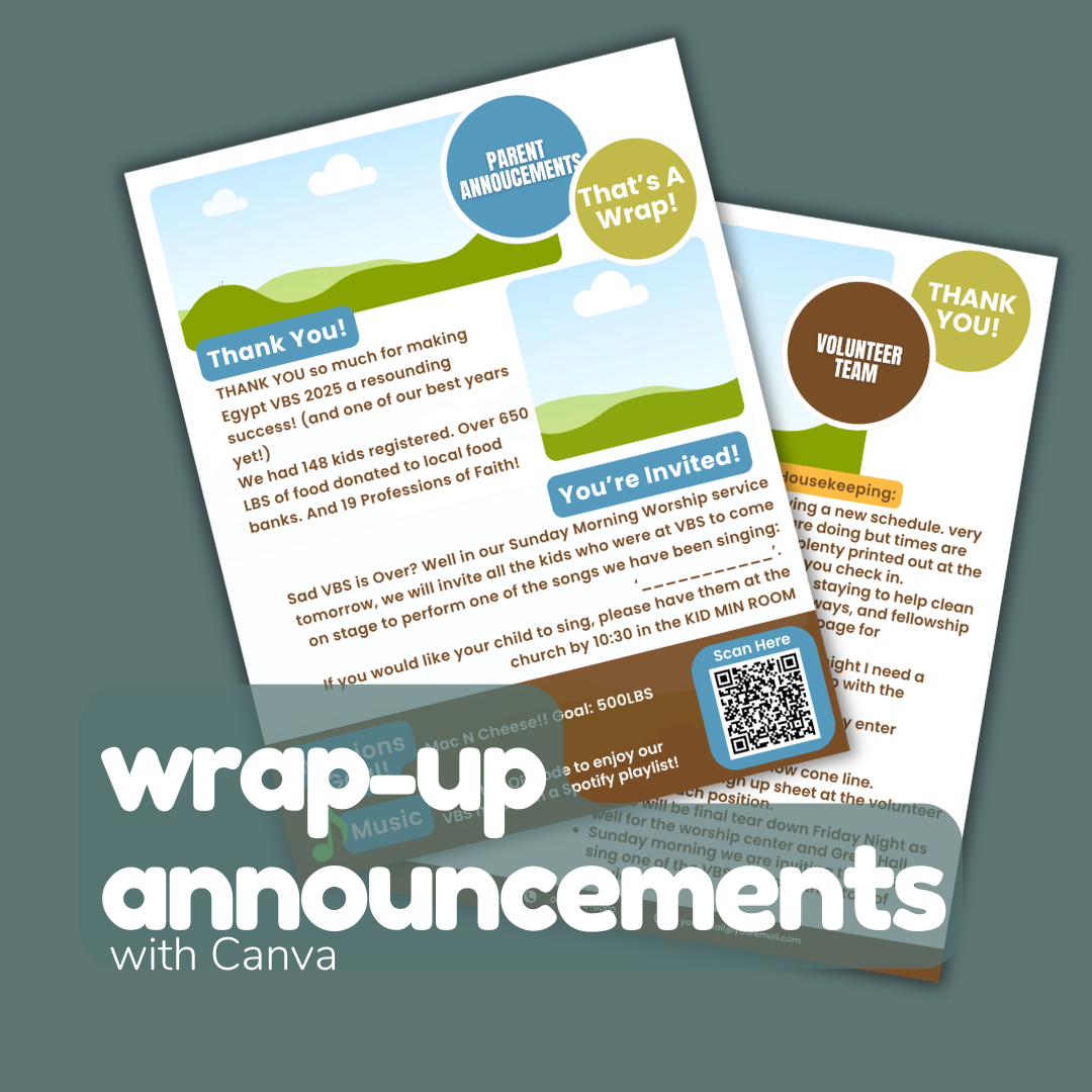 VBS Daily Announcements Template (Editable Canva) | 1–5 Day + Wrap-Up Page | Parent & Volunteer Communication