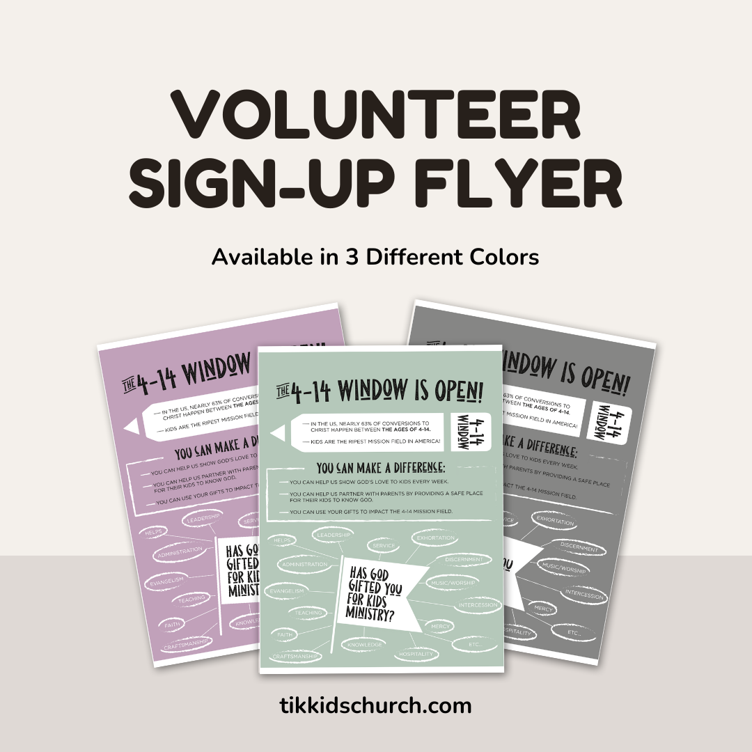 Three volunteer sign-up flyers displayed on a white background with text indicating availability in three colors and a website link.