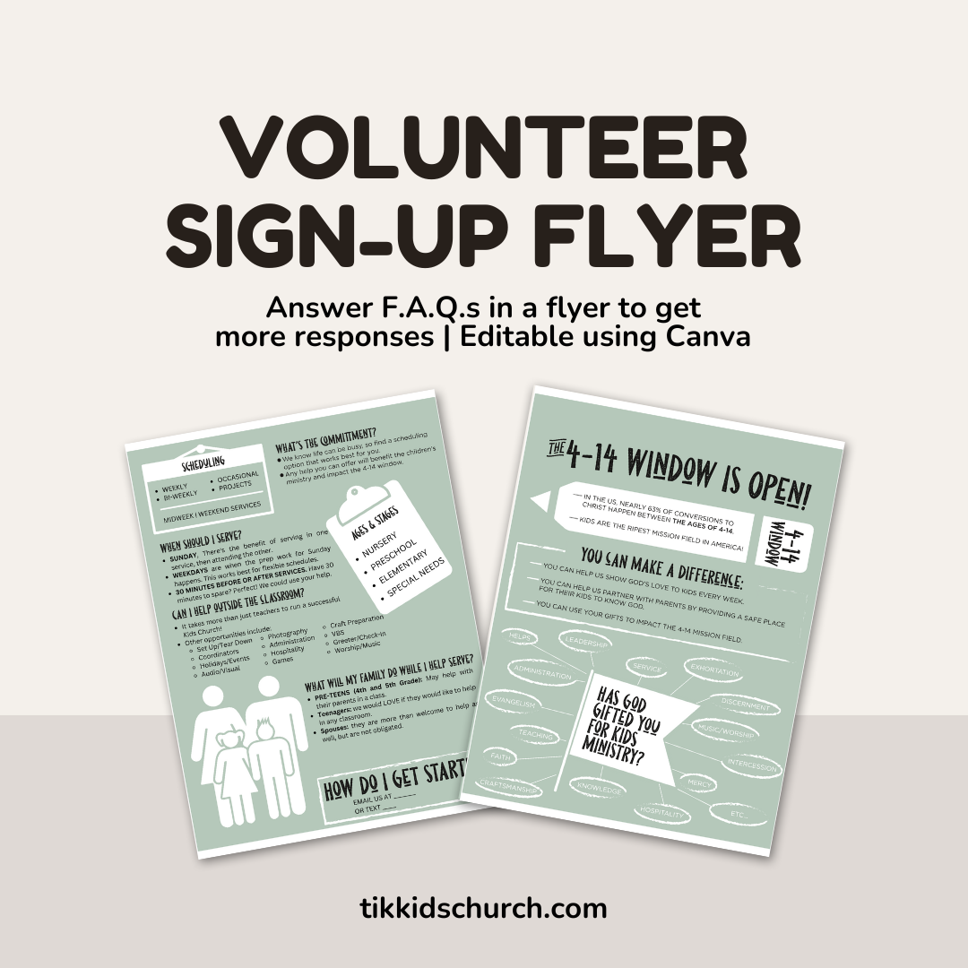 Two volunteer sign-up flyers on a white background with text about answering F.A.Q.s and using Canva.