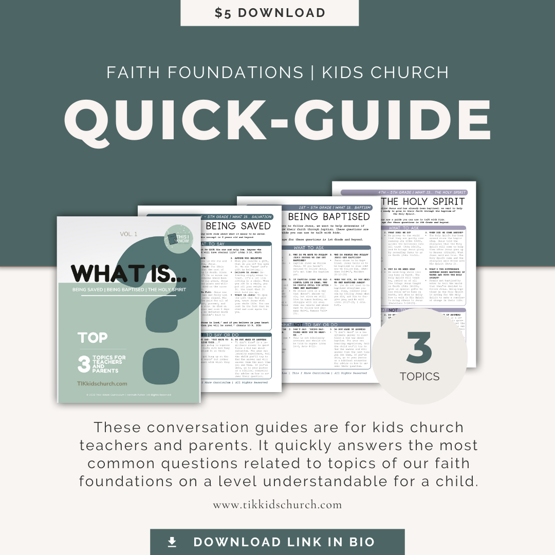 Quick-guide for kids church with topics like 'What is?' and 'Being Baptised'.