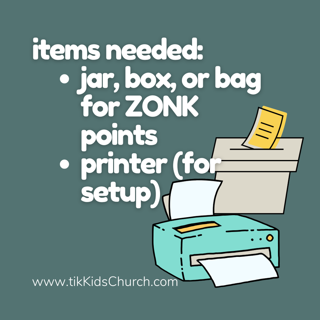 Illustration of a printer with text listing items needed for ZONK points system on a teal background.