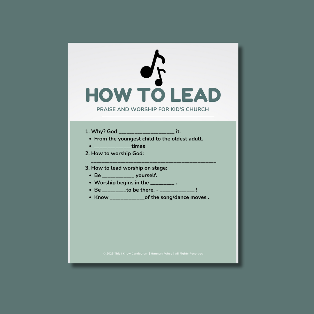 Sheet of paper titled 'How to Lead' for praise and worship in kids' church on a green background